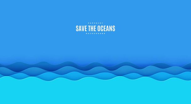 Borda ondulada no estilo de corte de papel. Cartão de vetor Dia Mundial dos Oceanos 8 de junho - Vetor, Imagem