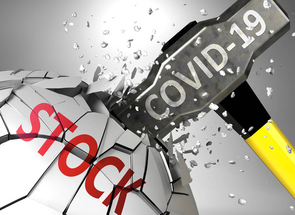 Stock e Covid-19 vírus, simbolizado pelo vírus destruindo palavra Stock para imagem que coronavírus afeta Stock e leva a crise e recessão, ilustração 3d - Foto, Imagem