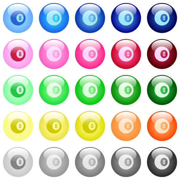 Schwarze Acht-Billardkugeln-Symbole im Set mit 25 farbig glänzenden kugelförmigen Knöpfen - Vektor, Bild