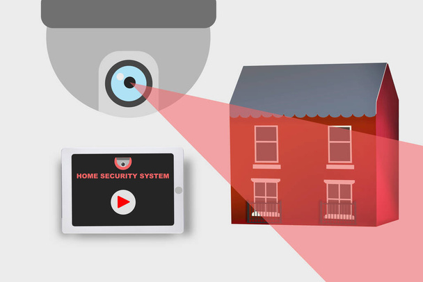 白の背景に家とデジタルタブレット画面上のスマートホームCCTVカメラアプリケーション,スマートホーム技術の概念とビジネスの課題のアイデア - 写真・画像