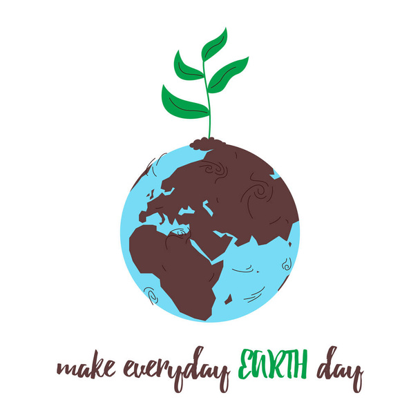 Плакат земной шар зеленая планета. Векторная концепция красочной иллюстрации земного шара с ручной посадкой зеленой веточки в землю. Знамя Всемирного дня окружающей среды, 5 июня, охрана окружающей среды, экосистема - Вектор,изображение