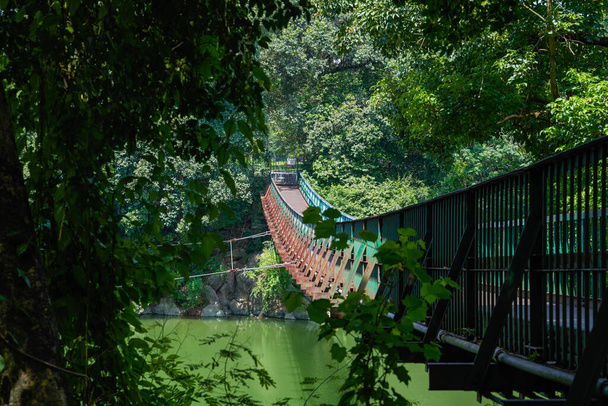Un puente colgante de madera sobre el río en el bosque - Foto, Imagen