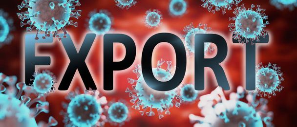 covid en export, afgebeeld door woord export en virussen om te symboliseren dat export gerelateerd is aan corona pandemie en dat epidemie van invloed is op de export veel, 3d illustratie - Foto, afbeelding