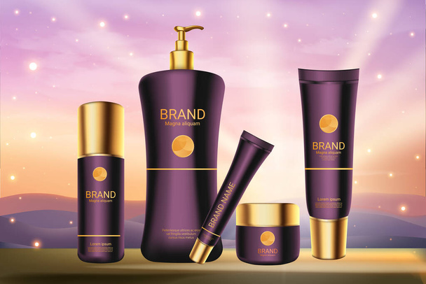 Ilustración vectorial de cosméticos de cuidado de la piel púrpura, botellas de lujo púrpura realistas y envases con etiquetas doradas en el fondo del atardecer - Vector, Imagen