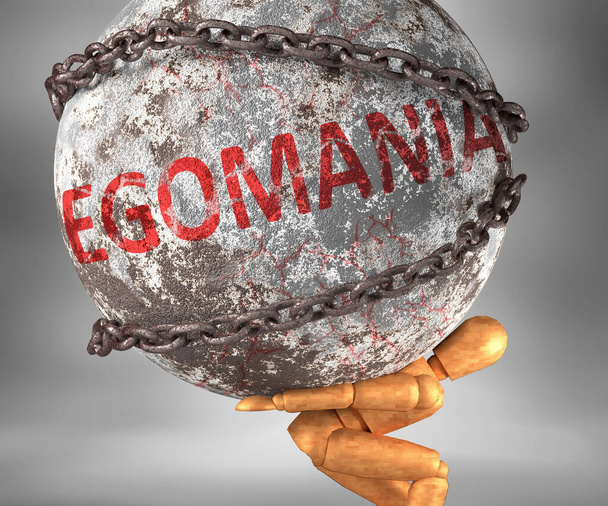 Egomania e disagio nella vita - raffigurato dalla parola Egomania come un peso pesante sulle spalle per simboleggiare Egomania come un peso, illustrazione 3d - Foto, immagini