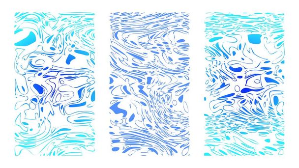 Cartoonachtige abstracte achtergrond set. Verticaal blauw rimpelwateroppervlak, illusie, kromming. Vloeibaar op doek - Vector, afbeelding