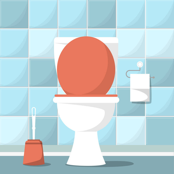 Leere Vektor-Toilette. Saubere keramische Innenausstattung. Sanitärraum, häuslicher Leerraum. Toilettenpapier und Bürste. - Vektor, Bild
