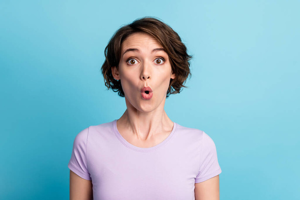 Portrait of astonished girl hear unbelievable novelty impressed stare stupor wear casual style outfit isolated over blue color background - Photo, Image