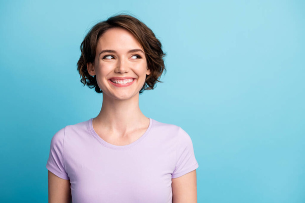 Portrait of nice lovely girl look toothy smile copyspace wear casual style outfit isolated over blue color background - Фото, зображення