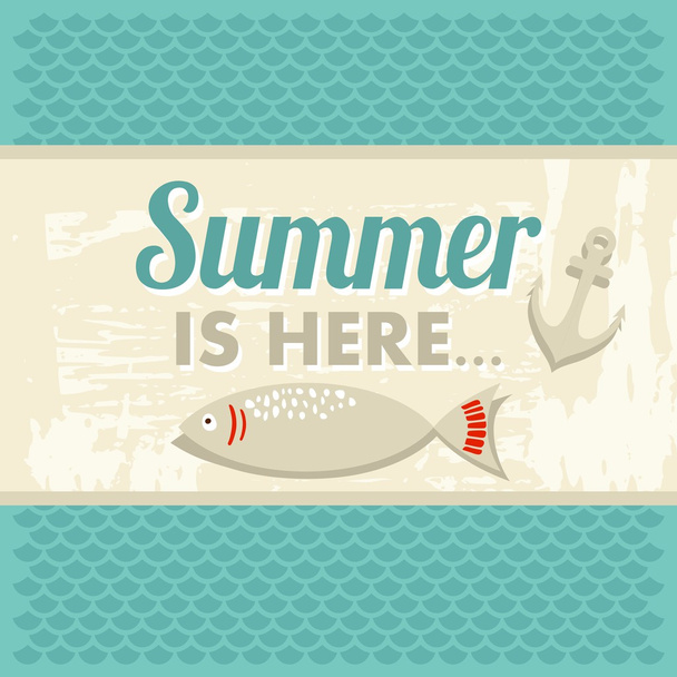 Retro vintage summer poster with sea, anchor and fish, ocean pattern, vector background - Vektör, Görsel