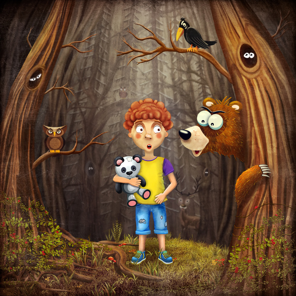 Petit garçon avec les animaux dans le bois
 - Photo, image