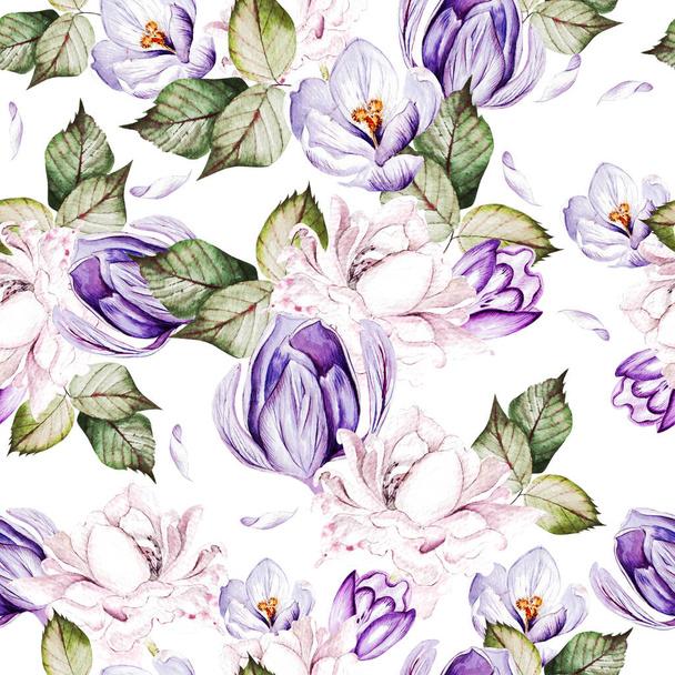 Beautiful watercolor wedding pattern with roses flowers and crocus. - Foto, Bild