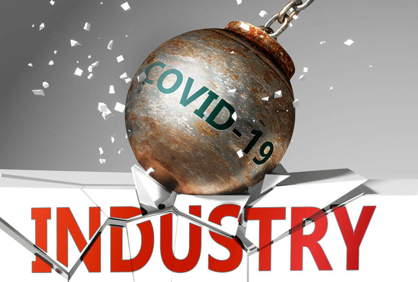 Промышленность и коронавирус, символизируемый вирусом, разрушающим слово Промышленность, чтобы представить, что ковид-19 влияет на промышленность и приводит к краху и кризису, 3d иллюстрации - Фото, изображение