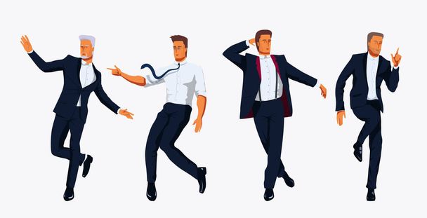 Young men in white shirt, trousers and tie are standing variable dancing poses. Elegantly Dressed in Formal Suit businesmen. - Vector, Image