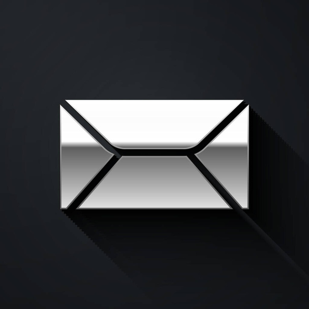 Srebrna ikona koperty izolowana na czarnym tle. Symbol listu e-mail. Długi styl cienia. Wektor. - Wektor, obraz