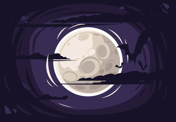 wektorowa ilustracja księżyca na ciemnym niebie z chmurami i sylwetkami nietoperzy, noc Halloween - Wektor, obraz