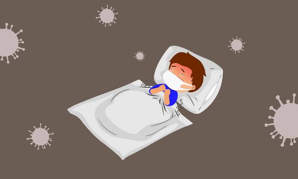 Der Mann schläft mit Kissen und Decken, Fieber, hohen Temperaturen. Menschen, die mit dem Virus (COVID-19) infiziert sind. Eine Maske tragen, um eine Ausbreitung zu verhindern. - Vektor, Bild