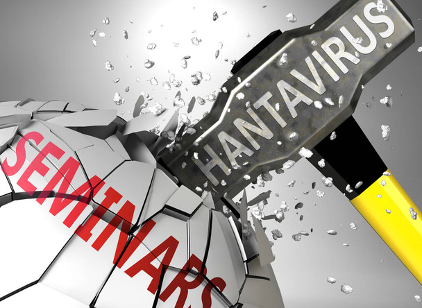 Seminars and hantavirus, symbolized by virus destroying word Seminars to picture that hantavirus affects Seminars and leads to crisis and  recession, 3d illustration - Photo, Image