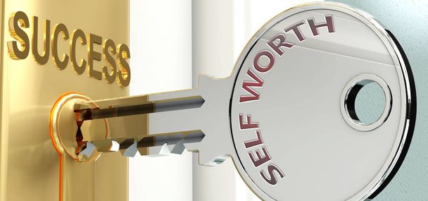 Self worth and success - pictured as word Self worth on a key, to symbolize that Self worth helps achieving success and prosperity in life and business, 3d illustration - Photo, Image