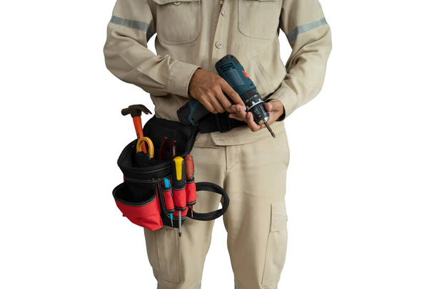 Close-up Elektryk mundur z paskiem narzędziowym izolowane na białym tle - Zdjęcie, obraz