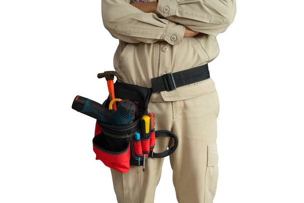 Close-up Electrician uniform with tool belt isolated on white background - Photo, Image