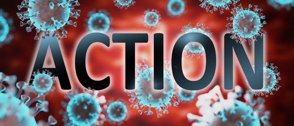 Covid en actie, afgebeeld door woord actie en virussen om te symboliseren dat actie gerelateerd is aan corona pandemie en dat epidemie invloed heeft op actie veel, 3d illustratie - Foto, afbeelding
