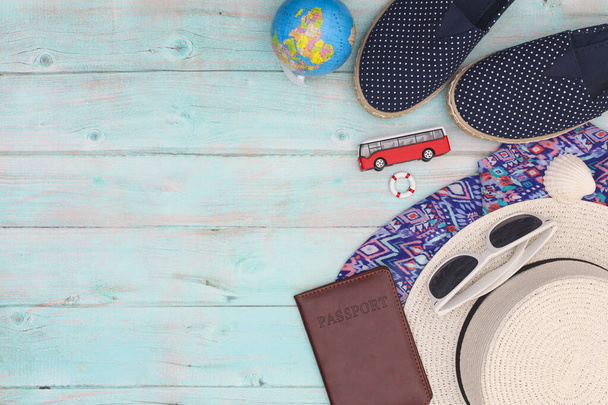 Summer vacation and travel woman accessories. Travel concept - 写真・画像