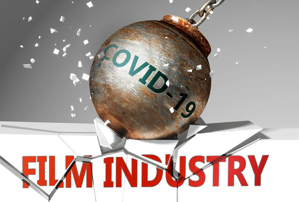 Indústria cinematográfica e coronavírus, simbolizado pelo vírus destruindo palavra indústria cinematográfica para imaginar que covid-19 afeta a indústria cinematográfica e leva a um acidente e crise, ilustração 3d - Foto, Imagem
