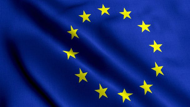 Атласный флаг ЕС. Ждем текстуру ЕС, реальную текстуру. Реалистичный флаг. Размахивание флагом Европейского Союза - Фото, изображение