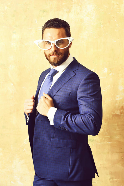 Business corporate party, handsome bearded man with retro white glasses - Zdjęcie, obraz