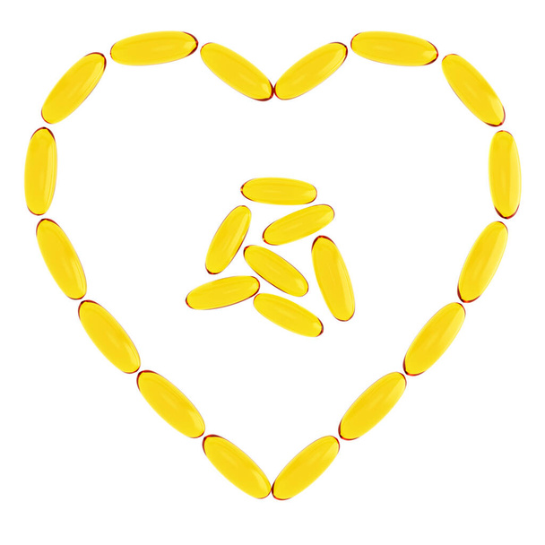 The heart shape is laid out of bright yellow capsules on a white background. 3D rendering - Fotoğraf, Görsel