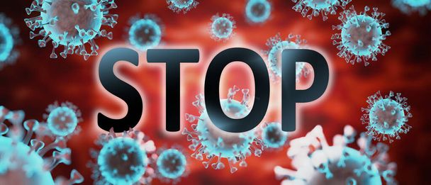 covid en stop, afgebeeld door woord stop en virussen te symboliseren die stoppen is gerelateerd aan corona pandemie en die epidemie beïnvloedt stoppen veel, 3d illustratie - Foto, afbeelding