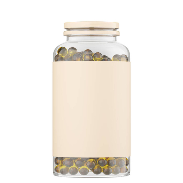 Transparent jar with round yellow capsules and a beige blank label. 3D rendering - Φωτογραφία, εικόνα