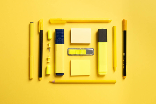 Stationery for school or office on a colored background.Flat - Foto, Imagen