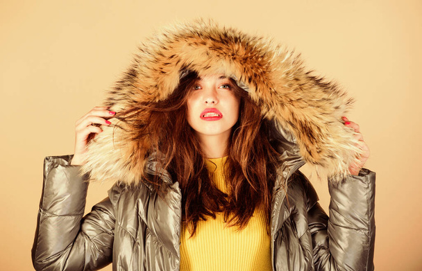 Emotional woman in jacket. Winter outfit. Playful fashionista. Black friday. Confidence and femininity. Enjoying her outfit. Pretty girl wear fashion outfit for cold weather. Be stylish this winter - Fotoğraf, Görsel
