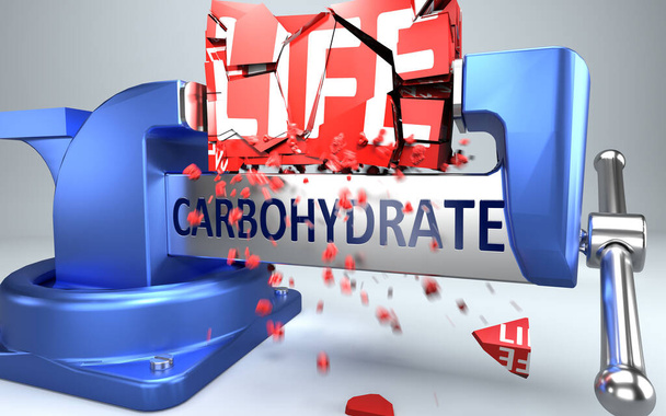 Hiilihydraatti voi pilata ja tuhota elämää - symboloi sana Hiilihydraatti ja pahe näyttää negatiivinen puoli hiilihydraatti, 3d kuva - Valokuva, kuva