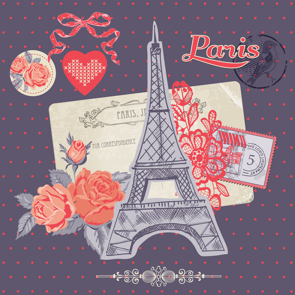 Scrapbook Design Elements - Paris Vintage Card with Stamps - Вектор, зображення