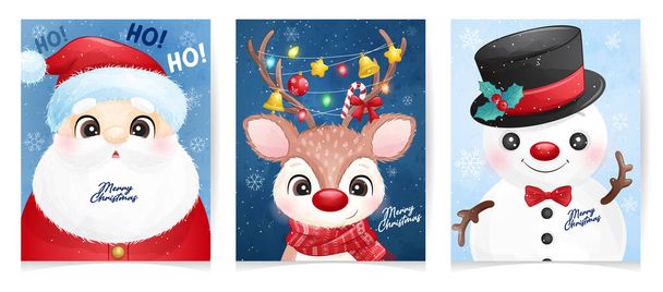 Carino doodle Babbo Natale set per Natale con acquerello illustrazione - Vettoriali, immagini