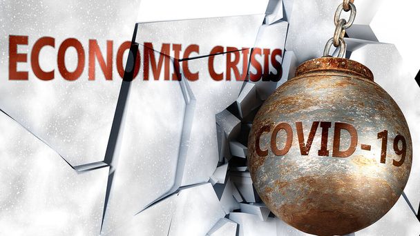 Ковид и экономический кризис, символизируемый вирусом коронавируса, разрушающим мировой экономический кризис, чтобы представить, что вирус влияет на экономический кризис и приводит к рецессии и кризису, 3d иллюстрация - Фото, изображение