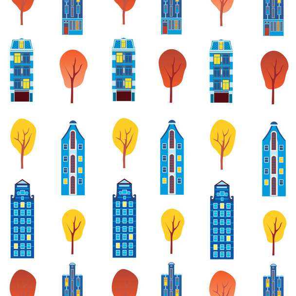 Nahtloses Muster mit Amsterdamhäusern und Bäumen isoliert auf weißem Hintergrund für den Druck auf Textilien. Flache Vektoraktiendarstellung mit europäischen Häusern Hollands als Hintergrund oder Hintergrund - Vektor, Bild