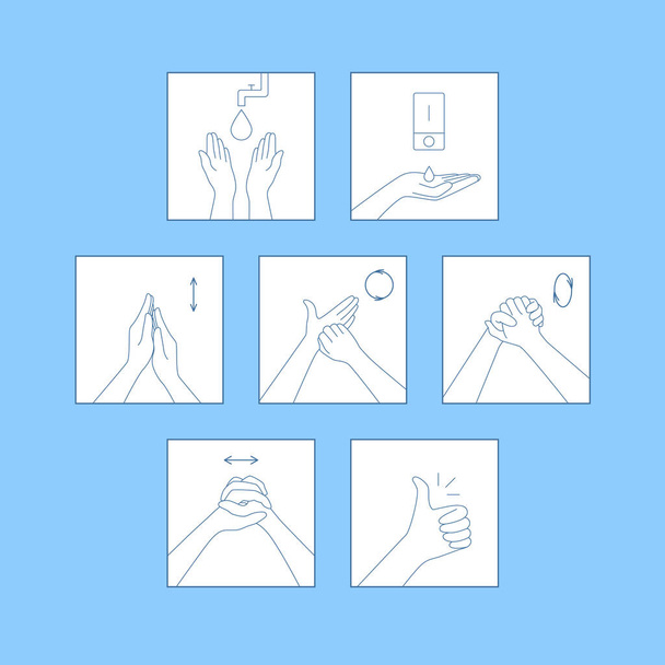 infographic how to wash your hands properly. graphic medical recommendation to use of personal hygiene in toilet in public place, schools against bacteria on arms. linear set of signs on blue - Vector, Image