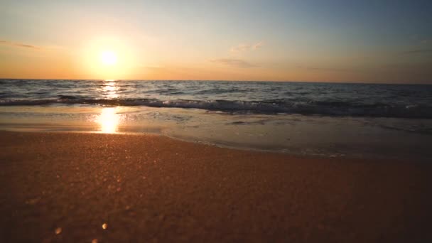 ビーチの海の日の出。波が砂の上にゆっくりと打ち寄せる。夏の朝. - 映像、動画