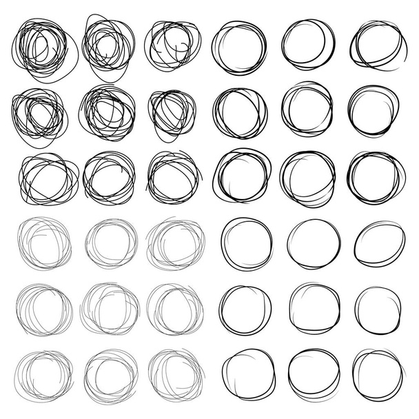 Ručně kreslené inkoustem čáry kruhy nebo čmáranice kruhy vektorové kolekce. Kruhový náčrt čmáranice nebo kulaté rámečky izolované na bílo s místem pro text, tužka ručně psané umělecké imitace - Vektor, obrázek