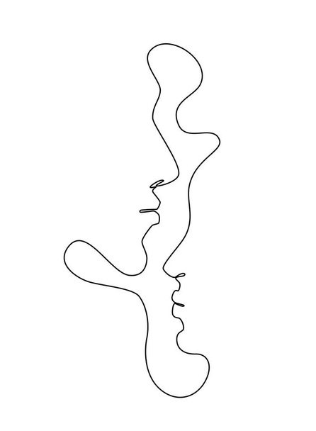One Line Drawing Man and Woman Faces. Coppia profili bacio in stile Sketch Art, Teste linea continua disegnare, Illustrazione singolo contorno vettoriale - Vettoriali, immagini