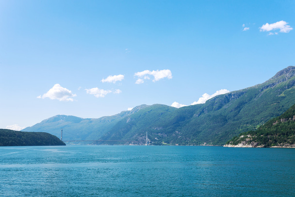 Remote view at the modern bridge over fjord - Zdjęcie, obraz