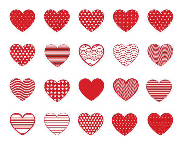 Heart symbol icons with lines, dots and stars patterns. Red vector hearts shapes, love signs graphic elements, heartbeat pictograms - Vektor, obrázek