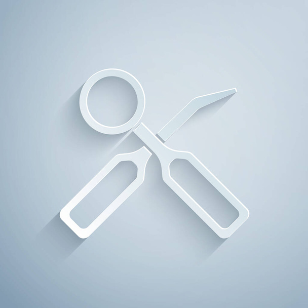 Paper cut Dental inspection mirror and explorer scaler icon isolated on grey background. Tool dental checkup. Paper art style. Vector. - Vector, Image