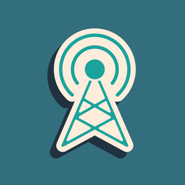 Green Antenna icon isolated on green background. Radio antenna wireless. Technology and network signal radio antenna. Long shadow style. Vector. - Vector, Image