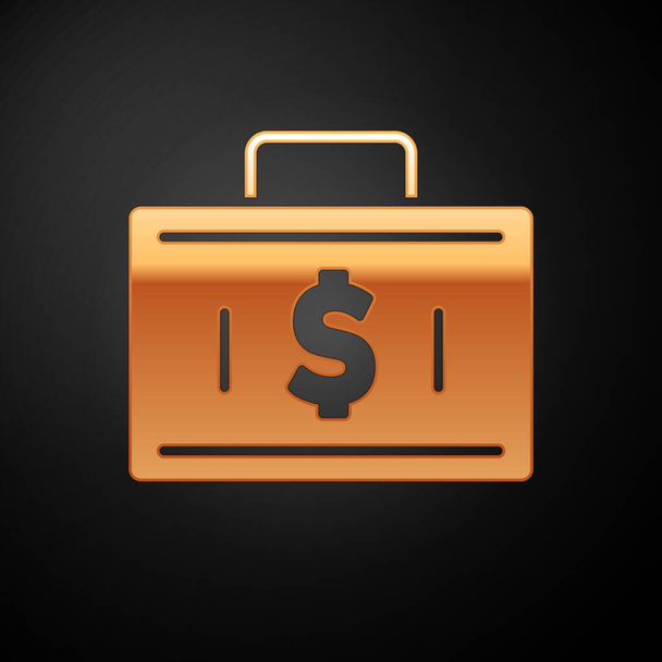 Gold Briefcase and money icon isolated on black background. Business case sign. Business portfolio. Financial management.  Vector. - Vector, Image