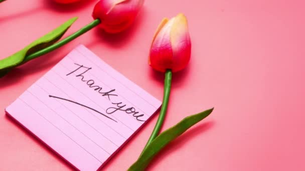 mensaje de agradecimiento en nota adhesiva con flor de tulipán sobre fondo rosa  - Metraje, vídeo